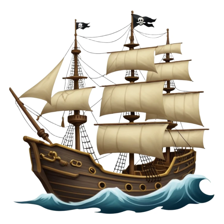 An icon representing an adventure game, inspired by high-seas exploration. The design features a fearless pirate gripping the wheel of a grand sailing ship, its tattered Jolly Roger flag billowing as it cuts through stormy waters. The scene evokes danger, treasure, and the thrill of the open sea. Transparent background. sticker