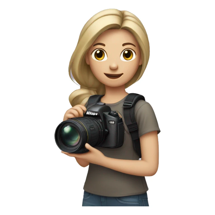 Girl with dark blonde loose ponytail Holding a Nikon Camera in her hands sticker
