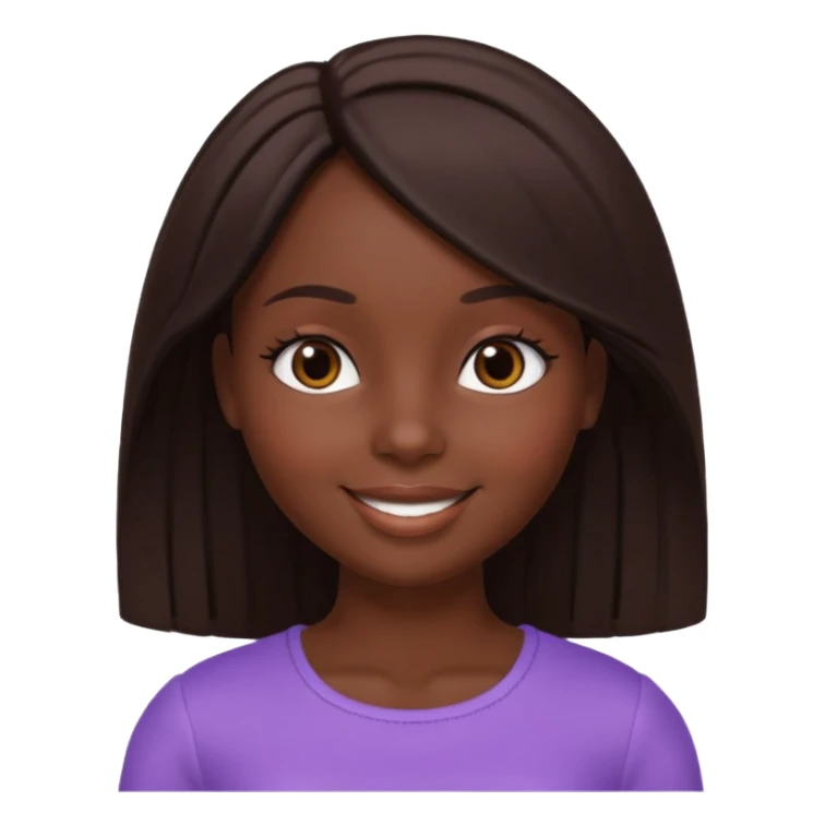 Boneca digital em estilo 3D realista e fofo, semelhante a uma boneca colecionável. Mulher jovem com pele negra, olhos castanhos escuros, cabelo liso cor chocolate, longo e bem alinhado.  sticker