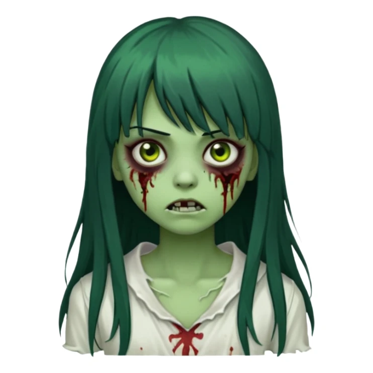 uma garota zumbi assustadora da pele verde e com cabelo preto longo com franja e a roupa branca sticker