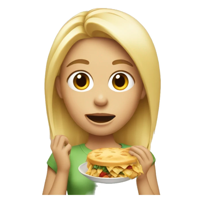 A blond girl eating food sticker