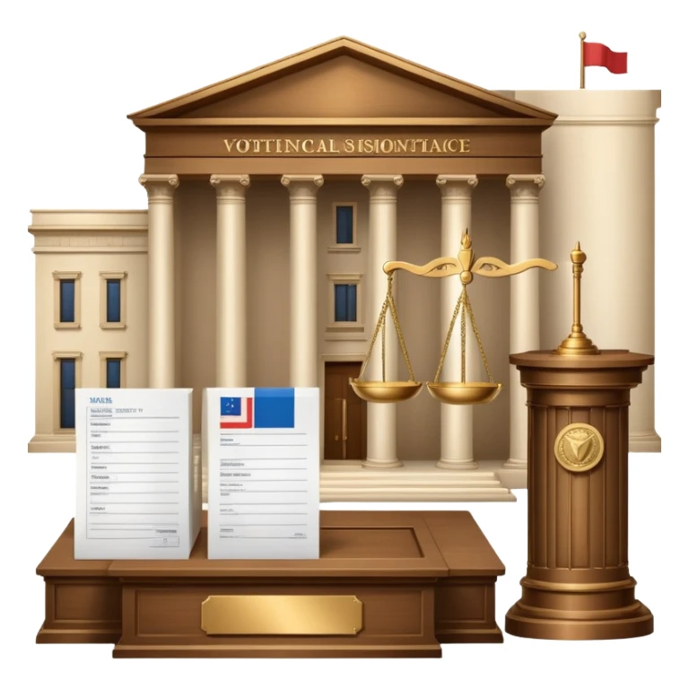 An icon featuring a ballot box with a voting paper, a government building with columns, and a scale of justice, symbolizing political science. The design includes a world map in the background, representing global political systems. Transparent background highlights governance and civic studies. sticker