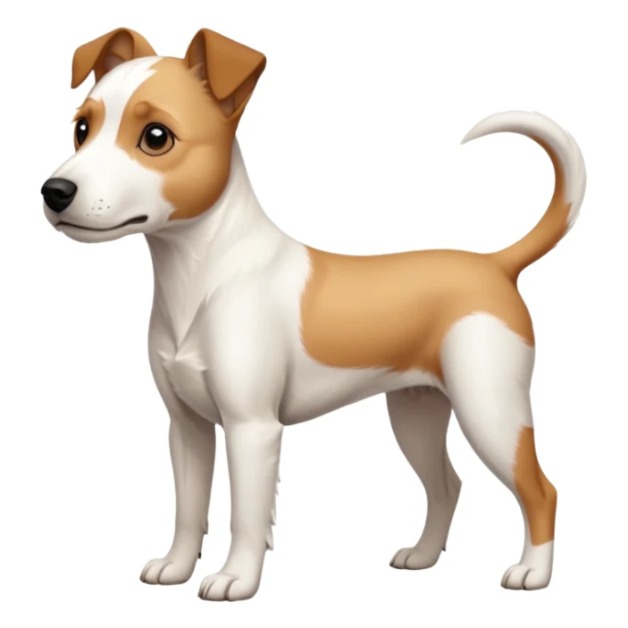 a full body facing front on of a buff white parson russell terrier looking dog the size of a kelpie with light brown long ears resting on its face and a light brown patch above one eye and a large snout. the rest of the dog is completely white.  sticker