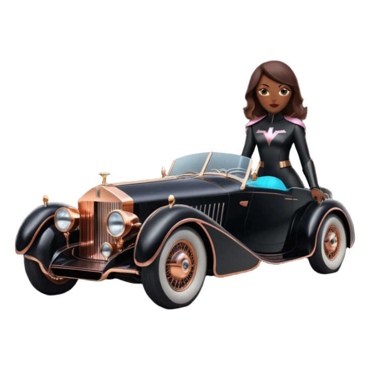 Batgirl Dark black Bare bones streamlined sporty (stripped down) hot rodded engine rose gold sports car 1932 Rolls Royce Woody futuristic electric spaceship plasma neon glowing motors and lightening dynamos with wide racing wheels that are held strong by advanced suspension and steering sticker