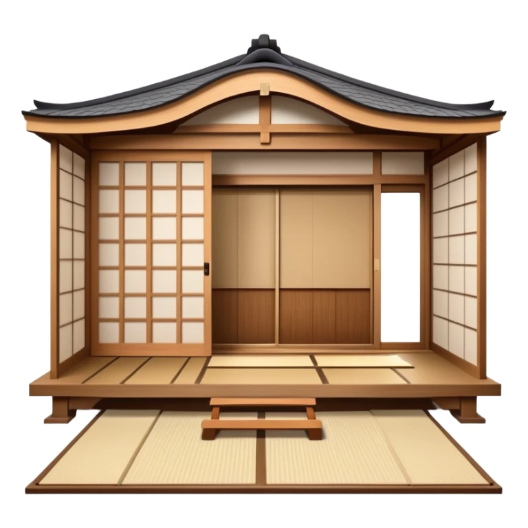 Traditional Japanese house with wooden structure, sliding shoji doors, tatami mats sticker