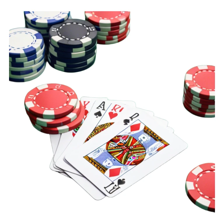 A photorealistic icon featuring playing cards and a stack of poker chips on a green felt table. Bright, detailed design with realistic textures and lighting. Transparent background, clearly symbolizing card games and strategy. sticker
