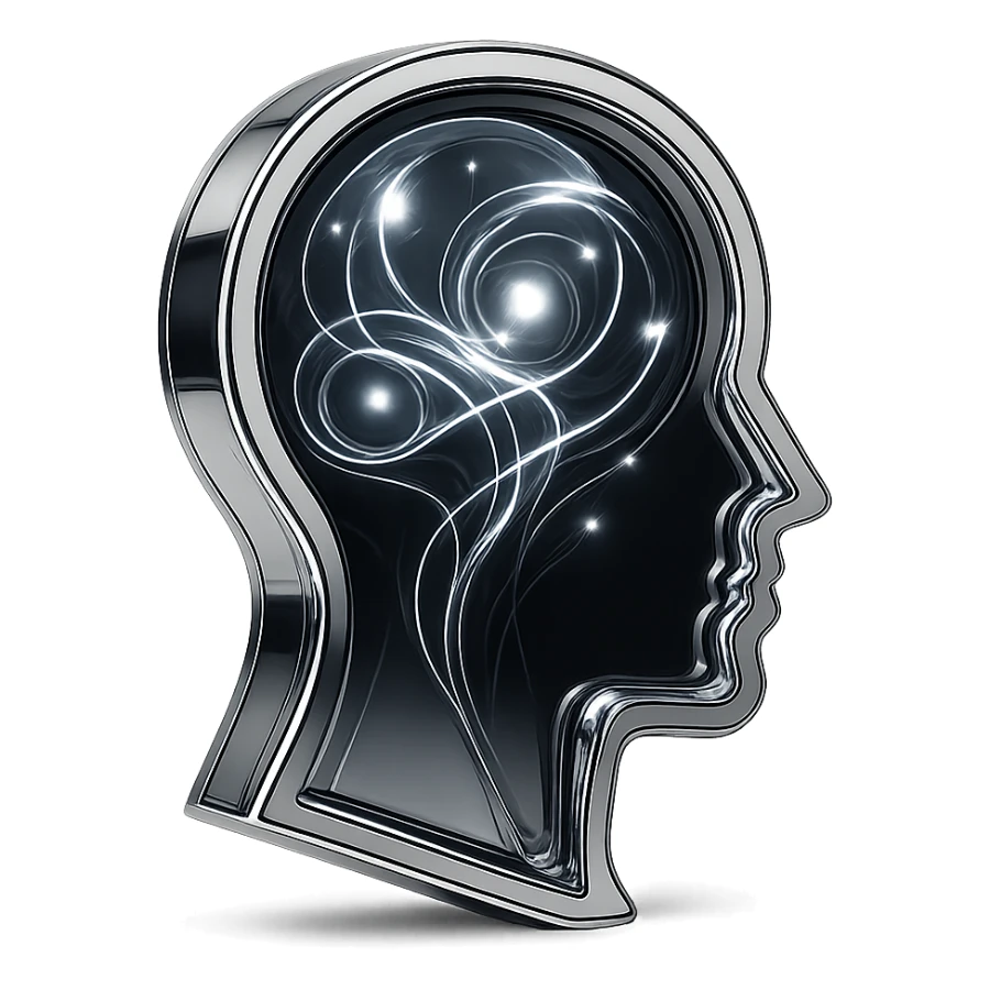 reflective chrome silhouette of a head with swirling energy and orbs inside, representing thought sticker