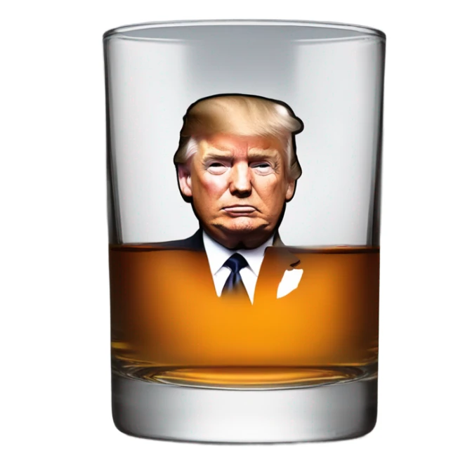 Whiskey glass with whiskey & an image of Donald Trumps face  sticker
