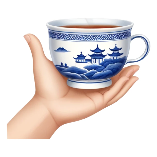 hand holding a traditional Chinese blue and white porcelain tea cup without handle sticker