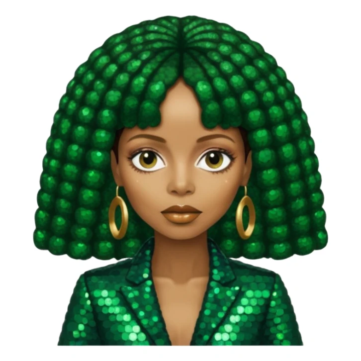 Erykah Badu with dark brown hair, dark green sequin outfit sticker