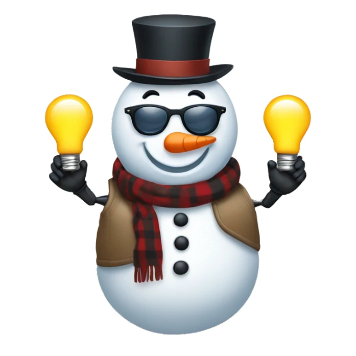 snowman  with sunglasses and vest. Stick arms holding light bulb sticker