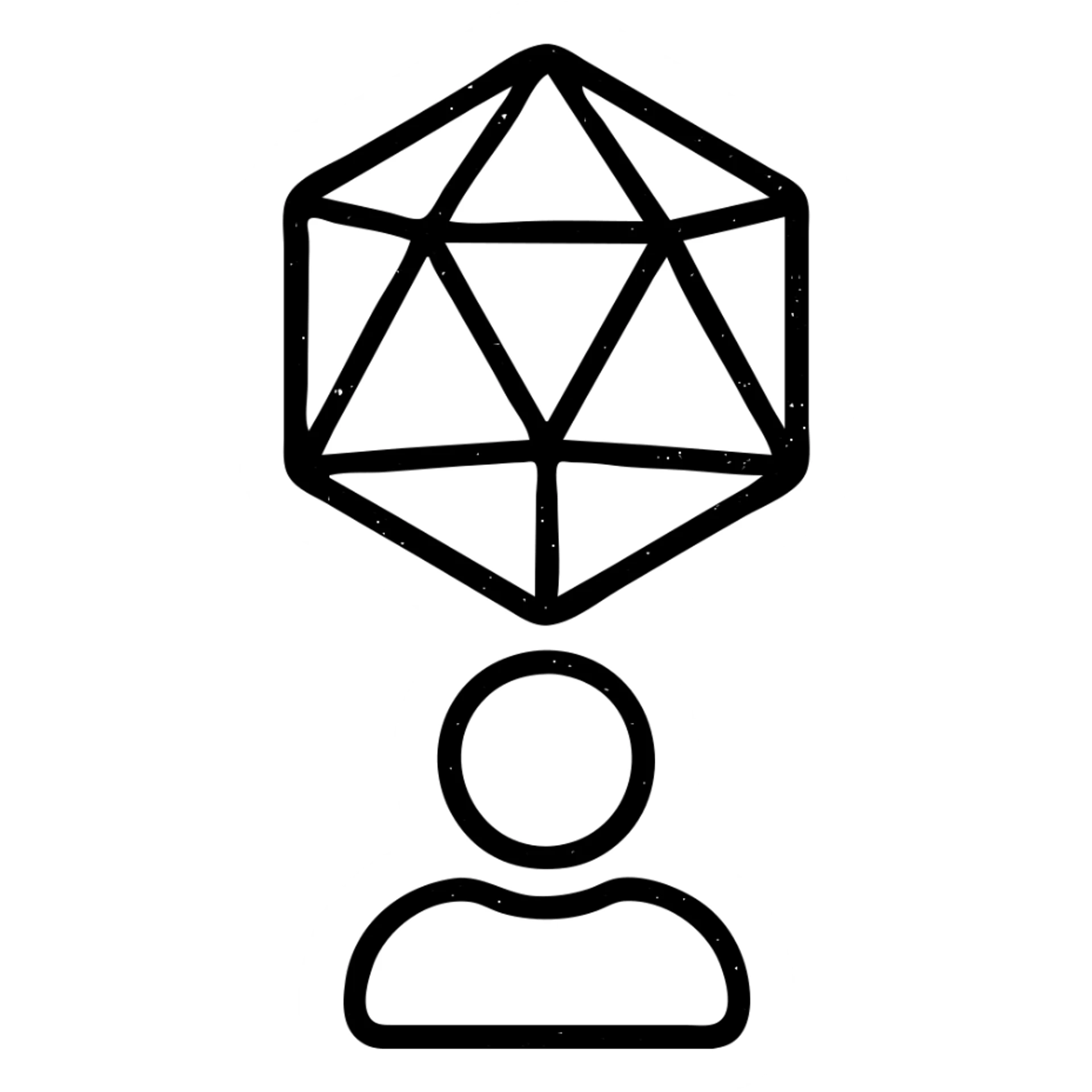 minimalist outlined icon of a player for DnD TTRPGs, worn distressed effect sticker