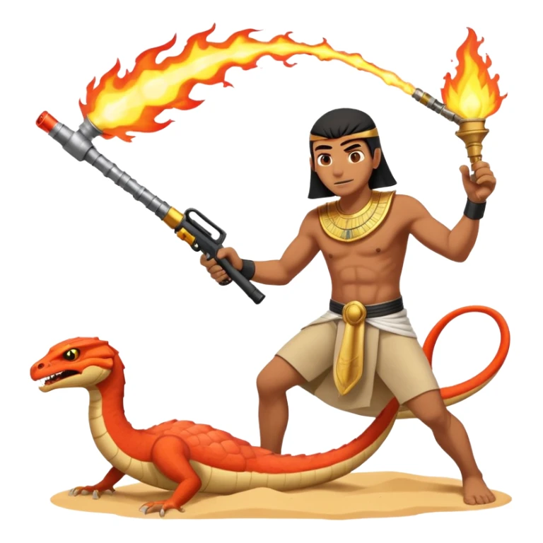 an egyptian man fighting a sand viper using a flamethrower sticker