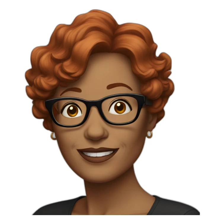 50-year-old woman with short wavy red hair, glasses, black frames holding a hanger sticker