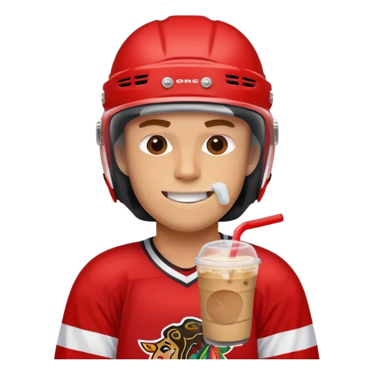 hockey player wearing red drinking an iced coffee wearing a helmet with missing teeth   sticker
