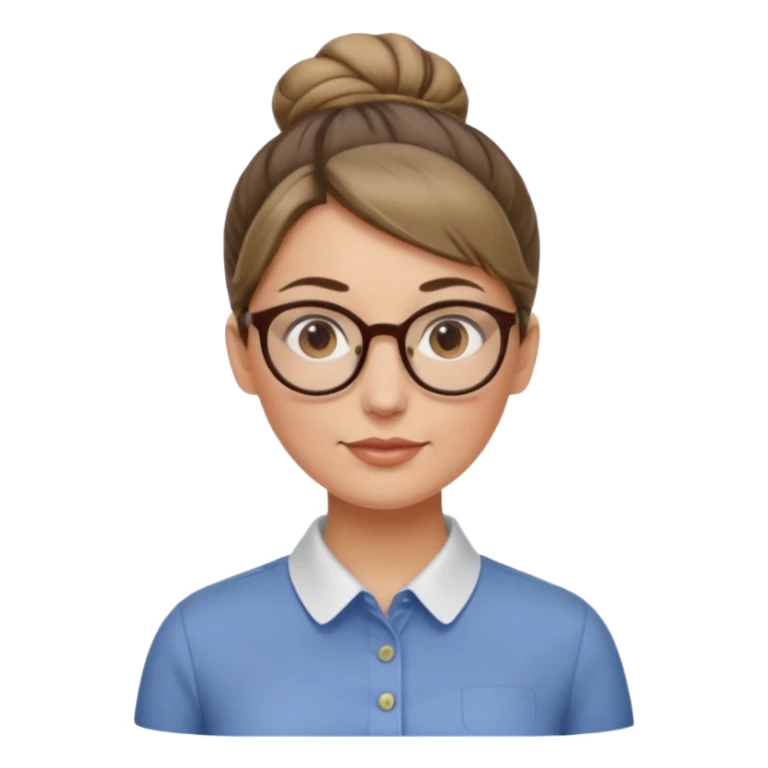 femme de 38 ans avec des cheveux blond foncé sans mèche devant, un chignon haut, yeux bruns, lunettes rondes, visage ovale sticker
