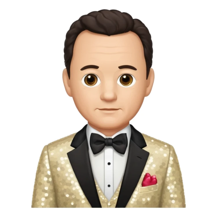 Tom Hanks with dark brown hair, cream sequin suit with bow tie sticker