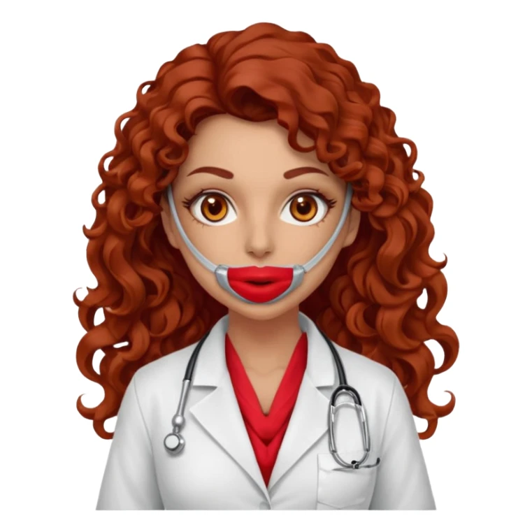 Sensual Spanish Lilith core evil surgeon.red outfit.  Surgeon has hazel eyes. Her hair is BROWN. Hair is also  long and  curly. wearing a sexy surgeon outfit with platform  heels.she is a calculated smart killer. She covers only her mouth and nose with silk scarf to hide identity  sticker