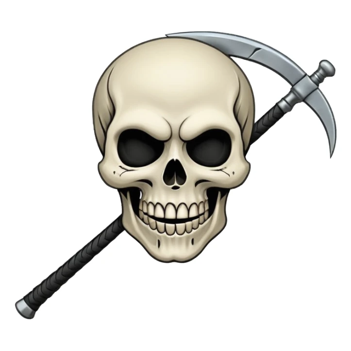 A laughing skull with a scythe crossed behind it, one eye socket winking. Clean, stylized lines, flat vector. Medieval woodcut style. Black and white with one accent color (tarnished silver). No background. sticker