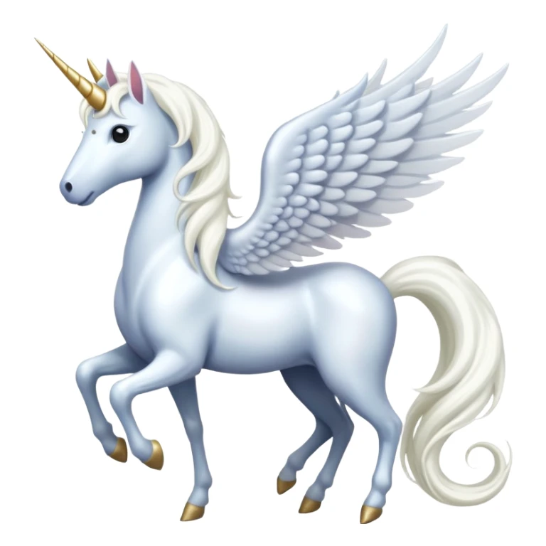 All white Cinematic Noble Unicorn with wings, slender with a flowing mane and tail and spiraled horn sticker