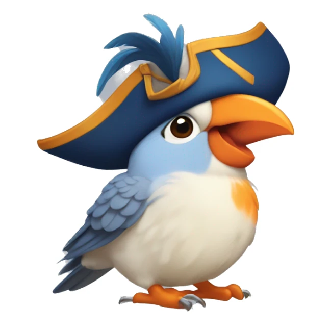 Blue Cockatiel, blushy cheeks, orange feathers on top, headshot, very happy, wearing a pirate hat sticker