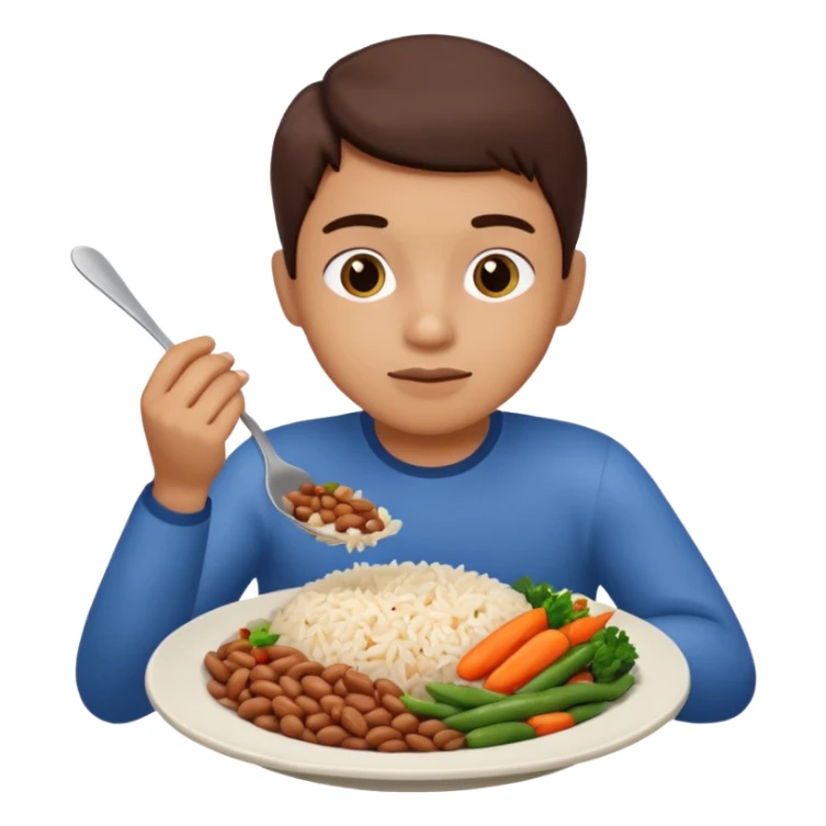 Create a person having lunch. Not a sandwich. Rice, beans, vegetables and chicken. sticker