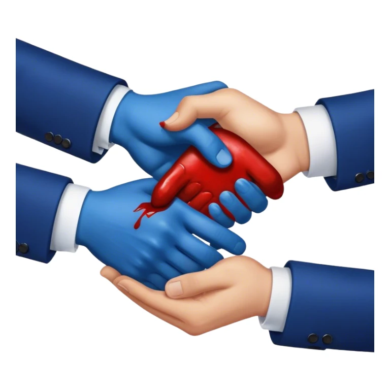 handshake, hands in blue suits, blood on one of the hands sticker