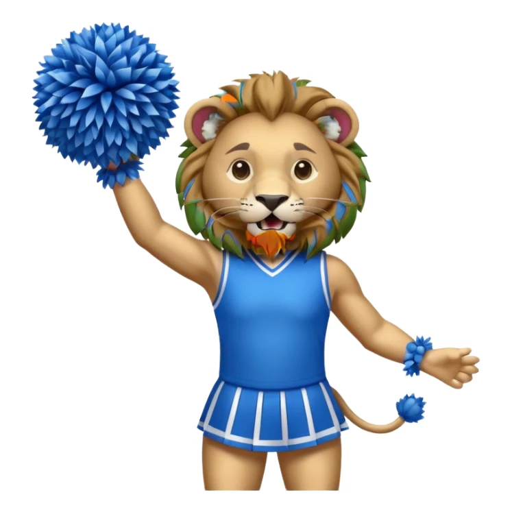 Lion wearing a blue and white cheer uniform with blue and whit Pom Poms cheering sticker
