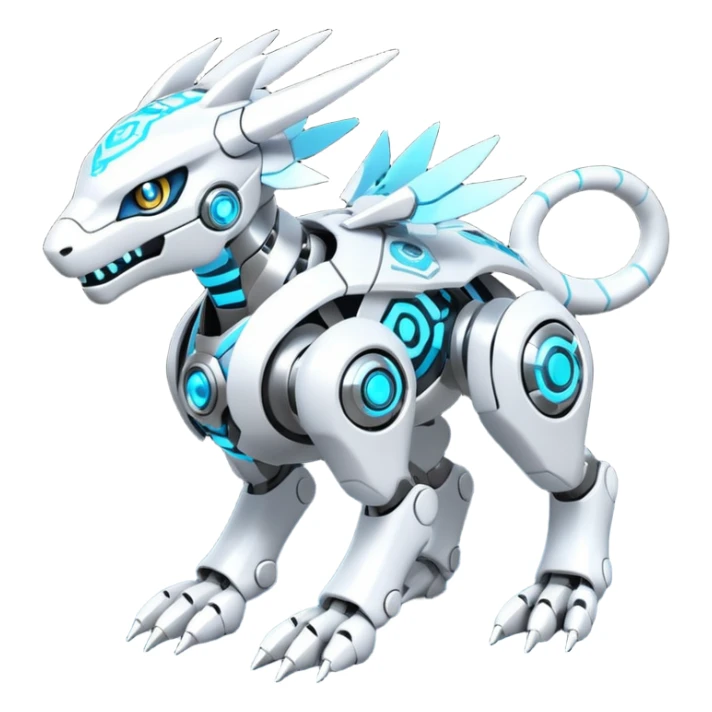 Futuristic mechanical cyborg modern badass cool shiny metallic alloy  white with glowing cyan-blue animal Digimon Fakémon hybrid full body with intricate patterns sticker