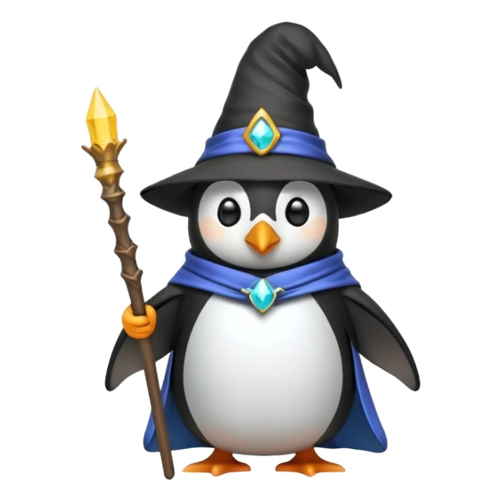 penguin dressed as a wizard with a pointy hat and a magic staff, fun emoji style sticker
