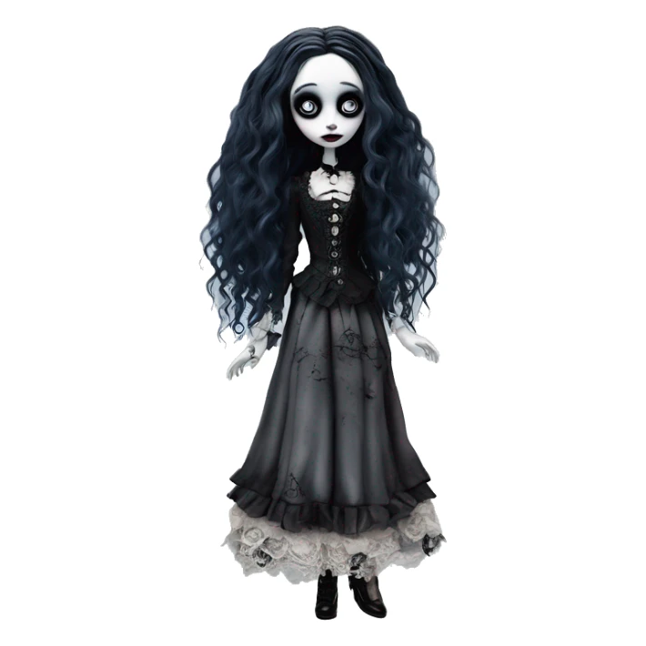 full height, tim burton "corpse bride", porcelain doll with a cracked face, goth makeup watery eyes, long hair, lace and ruffles, lolita style, inked, black and white, red roses sticker