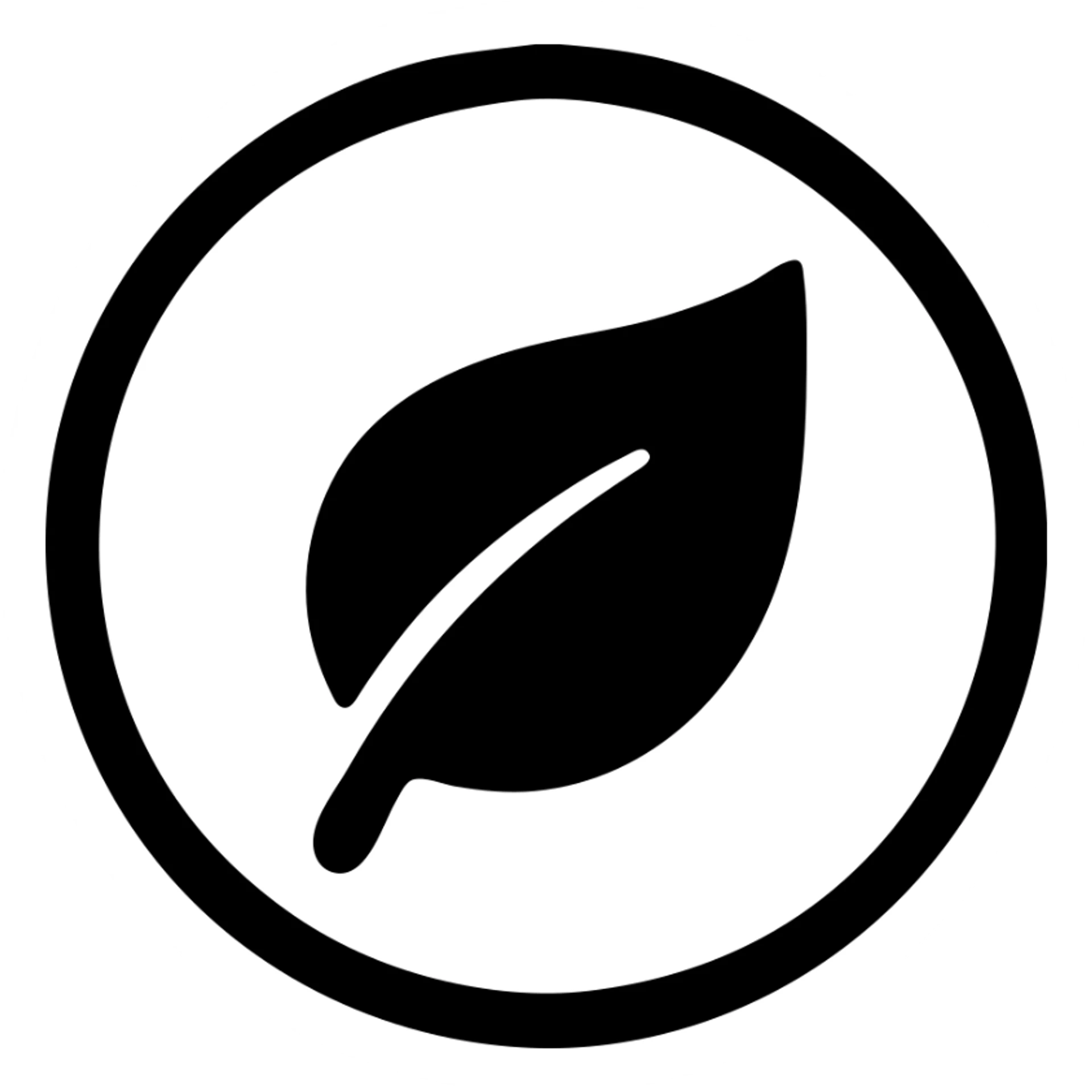 Minimalist black filled icon for Focused on Sustainability. A leaf or eco-friendly symbol inside a circle, filled with black, matching the same color code and format as the reference images. sticker