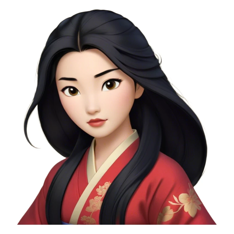 Cinematic Realistic Mulan Portrait, depicted with lifelike skin texture, soft natural lighting, and intricately detailed long black hair styled elegantly. Her deep, expressive eyes exude determination and grace, complemented by a serene yet confident expression. She is dressed in her classic attire, with rich fabric textures and delicate folds that catch the light beautifully. The portrait features a soft, enchanting glow with a natural, radiant finish, capturing the essence of timeless strength and beauty in a realistic and painterly style, evoking a sense of depth and authenticity. sticker