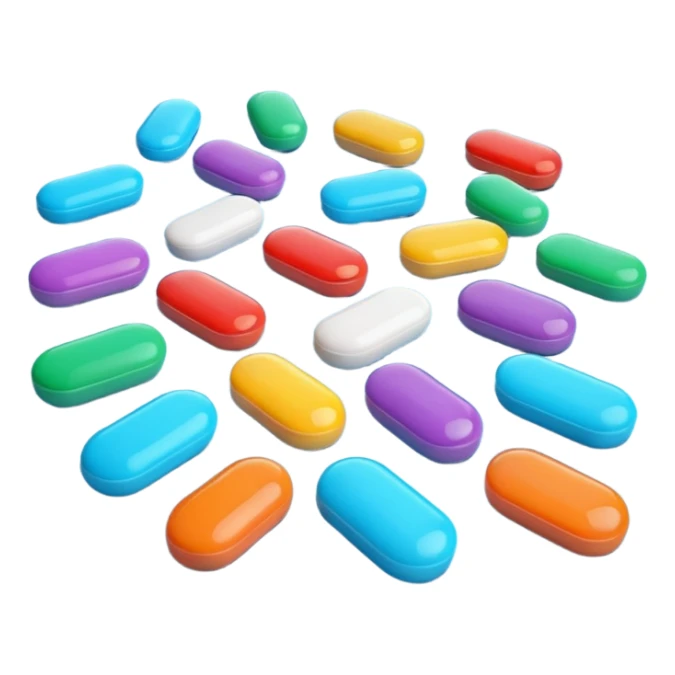 A group of colorful 3D cartoon pills scattered on a flat surface, round and oval shapes, soft lighting, smooth glossy finish, Memoji-style realism. sticker