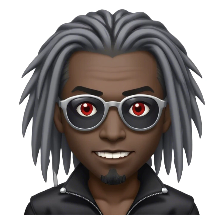 Black Vampire wearing sunglasses, shoulder length black and grey dreadlock hair comb over to one side. sticker