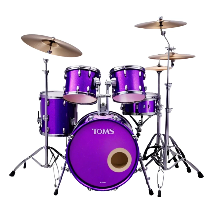 Create a bold and striking emoji representing Lars Ulrich’s Tama Starclassic drum kit. The design should feature a glossy, purple drum set with sparkling glitter accents, showcasing the bass drum, snare, toms, and multiple cymbals. The drums should have a polished, shiny surface, emphasizing the gleaming purple color with a metallic sheen. Add subtle details like sound waves or musical notes emanating from the kit to symbolize the intense rhythm and power of Lars' drumming. Use a mix of deep purples, silvers, and chrome finishes to reflect the signature look of the Tama Starclassic. The background should be transparent. sticker