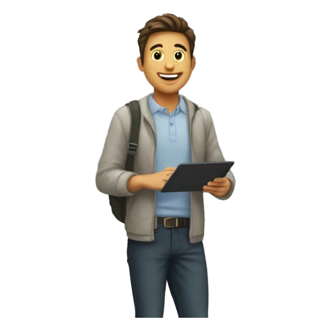 guy in front of universtity with computer in hand sticker