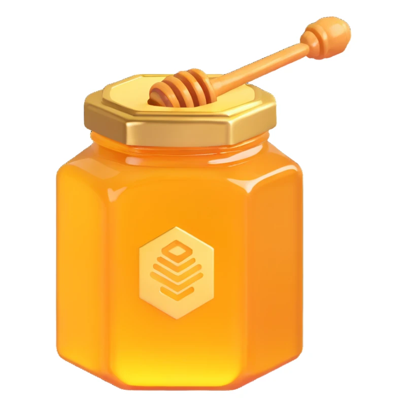3D emoji style honey jar, hexagonal shape, golden honey, simple and expressive sticker