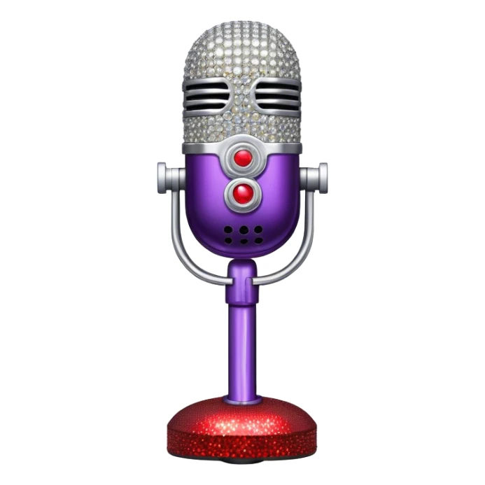 Create a glamorous and vibrant emoji representing stage vocal performance. The design should feature a humanless collage of classic vintage microphone, stage costume covered in rhinestones, large scene speakers, scene lights. The costume should be stylized, with glittering elements like sequins and sparkles, and reflect the glitzy, extravagant nature of show business. The microphone should have a sleek, retro look with chrome or metallic accents. Use rich, dazzling colors like gold, silver, deep purple, and bright red to evoke the glamorous, larger-than-life feel of a stage performance. The background should be transparent. sticker