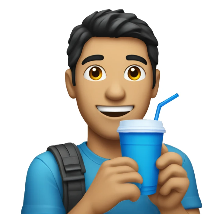 smiling man with black hair holding a blue plastic cup with a yellow straw sticker