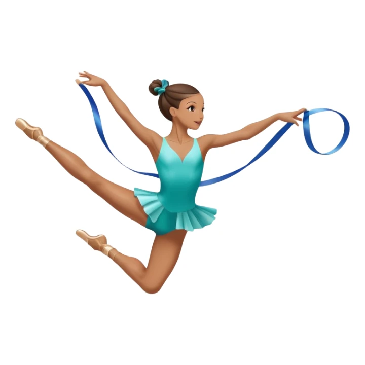 A graceful rhythmic gymnast performing with a flowing ribbon, executing an elegant leap mid-air. The pose exudes flexibility, balance, and artistry. The background suggests a competition arena with soft lighting, emphasizing movement, precision, and the beauty of the sport. sticker