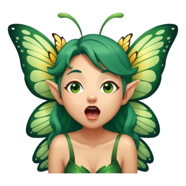 Cinematic Realistic Forest Fairy Portrait, head tilted slightly with a dramatic, wide-open yawn, revealing a tender, relaxed visage with finely detailed tanned skin and flowing, vine-adorned dark green hair gently framing her face. Her sleepy eyes exude a serene, dreamlike quality as soft natural sunlight filters through the canopy, showing her large butterfly wings from her back capturing the essence of a drowsy yet captivating forest drifting into peaceful slumber. sticker