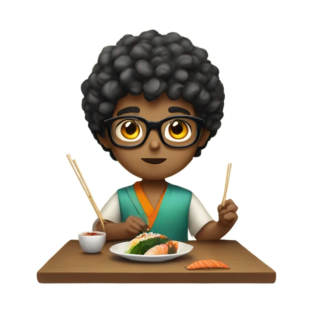 curly short haired indian boy with glasses eating sushi sticker