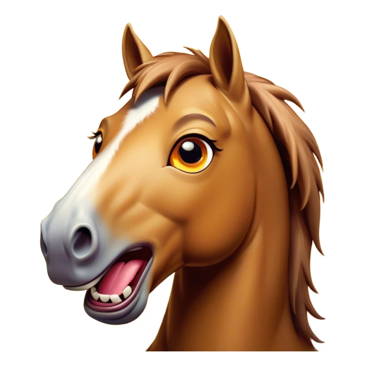 Cinematic Comical Bay Horse Portrait Emoji, Head tilted dramatically with an exaggeratedly amused expression, featuring a striking bay fur with a glossy finish and bold accents, wide, expressive amber eyes filled with playful disbelief, Simplified yet hilariously expressive features, highly detailed, glowing with a slightly sassy glow, high shine, dramatic yet playful, stylized with an air of cheeky mischief, bright and endearing, soft glowing outline, capturing the essence of a spirited and over-the-top horse, so meme-worthy it feels like it could side-eye its way into internet fame instantly! sticker
