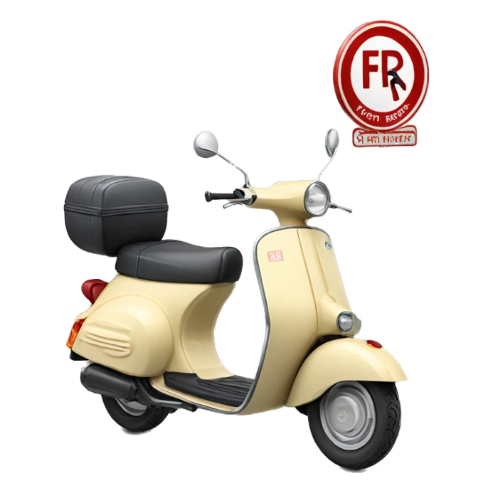 A scooter (moped) with a "for rent" sign behind it sticker