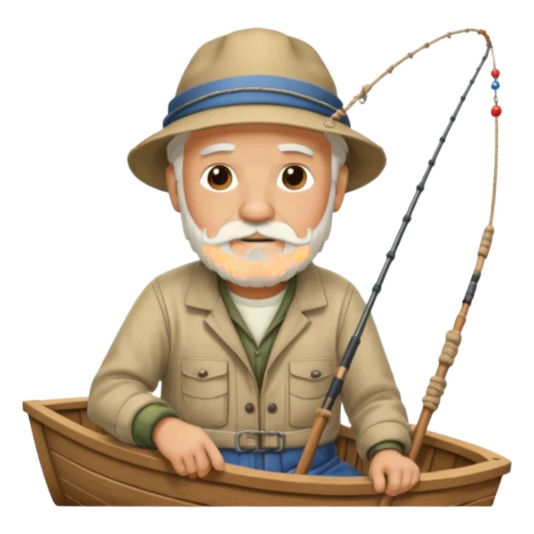 an old white haired, bearded man in fisherman attire, sat in a big boat on the ocean, casting a fishing line into the water sticker