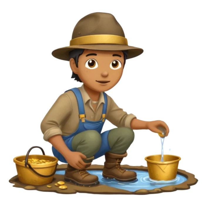 create a gold miner panning for gold near a stream sticker