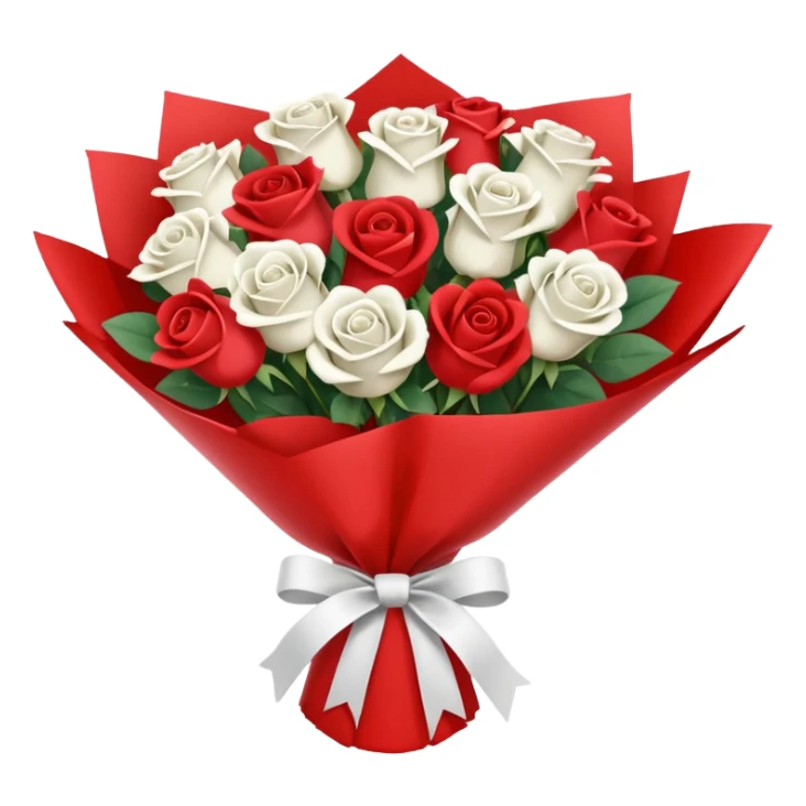 bouquet of red and white roses wrapped in red paper sticker