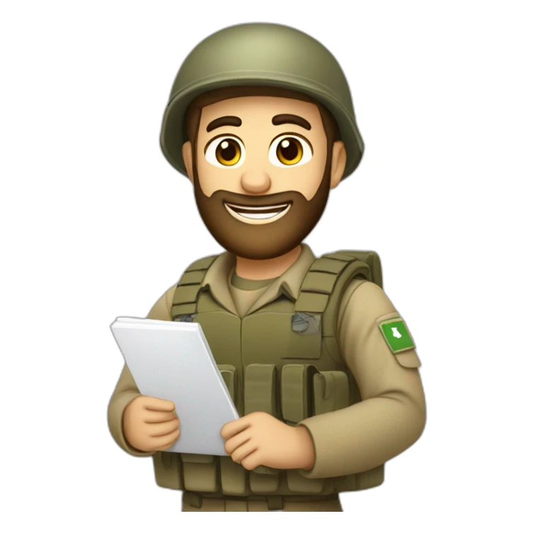 pale brown bearded israeli IDF soldier happy holding notebook and pen sticker