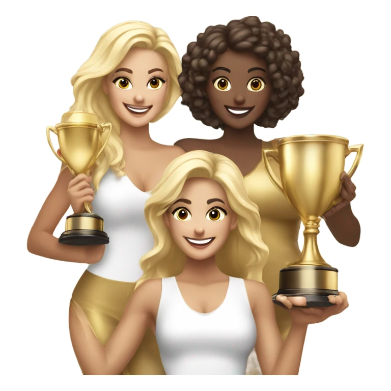 Eight beautiful blonde and Latina models celebrating with 1 huge gold trophy sticker